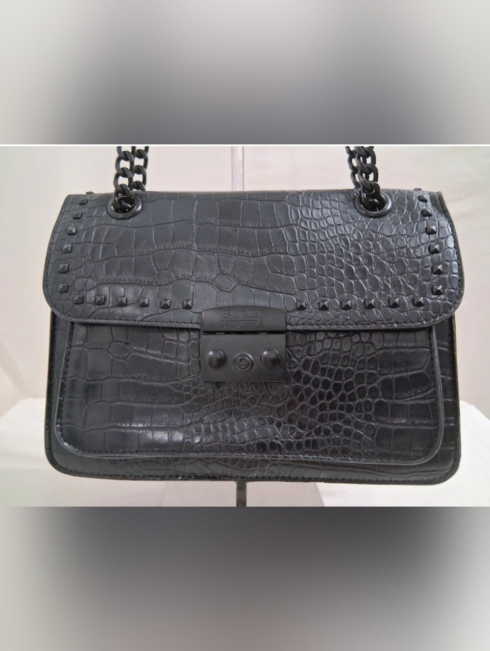 Badgley Mischka Black Croc Embossed  Faux Leather W/ Adjustable Chain Strap